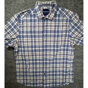 Tommy Bahama Shirt Mens Medium Blue Plaid Button‎ Up Cotton Short Sleeve Casual